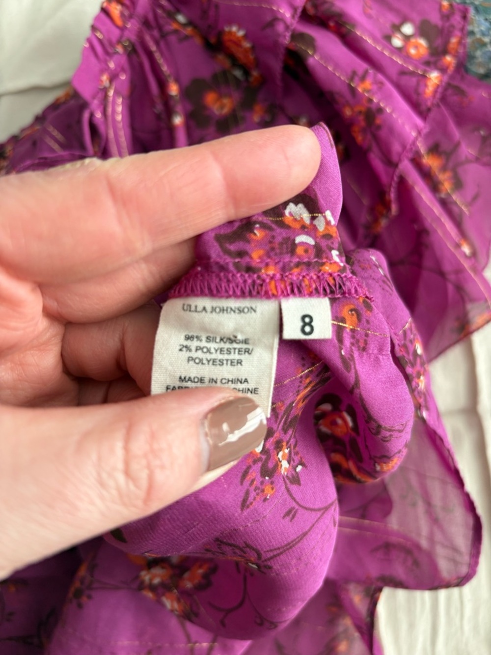 Ulla Johnson Silk Blend Fuchsia Floral Blouse Size 8 Boho Ruffle Sleeve Top - Picture 6 of 6